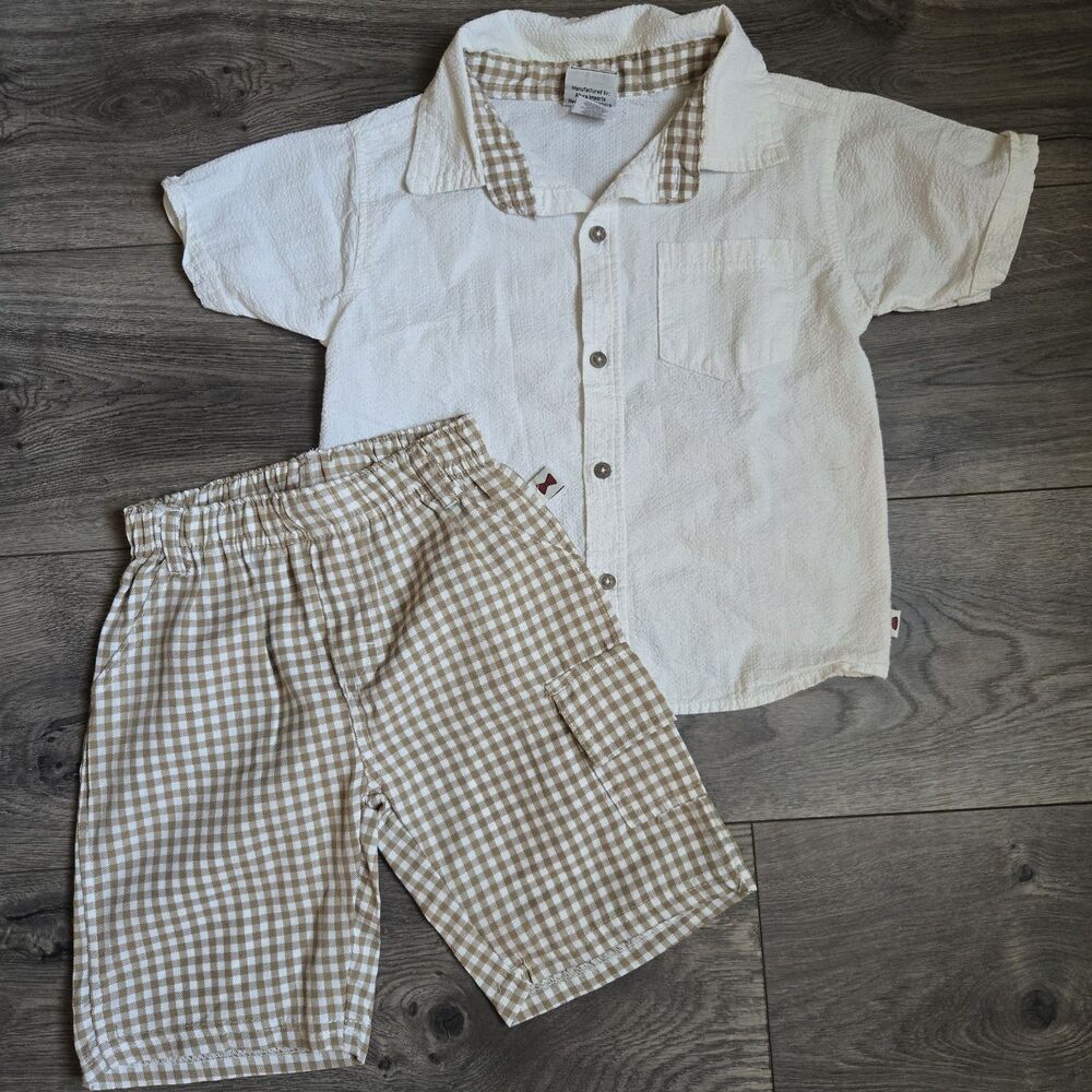 Dapper Dude Toddler Boy 4 Seersucker Shirt Gingham Cargo Shorts Set Tan White